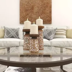 Outlet Whitewash Floral Mango Candlesticks, Set of 3 Candle Holders