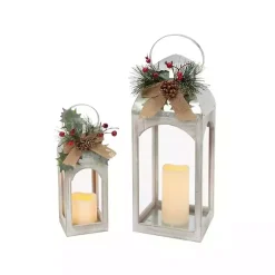 washed Winter Burlap LED Lanterns, Set of 2 Christmas Decorations