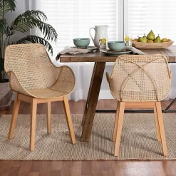 Kirklands Home Dining Chairs|Wood and Rat Flared Dining Chairs, Set of 2 Tan