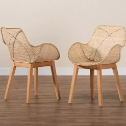 Kirklands Home Dining Chairs|Wood and Rat Flared Dining Chairs, Set of 2 Tan