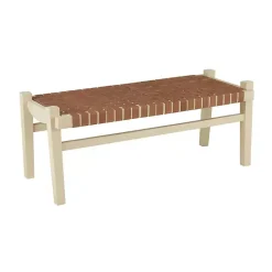 Kirklands Home Benches & Ottomans|Woven Camel Leather Natural Wood Bench Brown