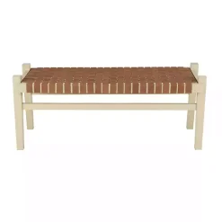 Kirklands Home Benches & Ottomans|Woven Camel Leather Natural Wood Bench Brown