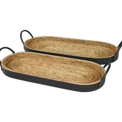 New Woven Jute and Black Wood Trays, Set of 2 Decorative Trays