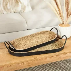 New Woven Jute and Black Wood Trays, Set of 2 Decorative Trays
