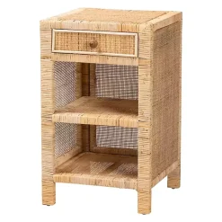 Kirklands Home Nightstands|Woven Rat and Mahogany Wood Nightsd Tan
