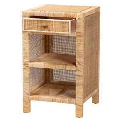 Kirklands Home Nightstands|Woven Rat and Mahogany Wood Nightsd Tan