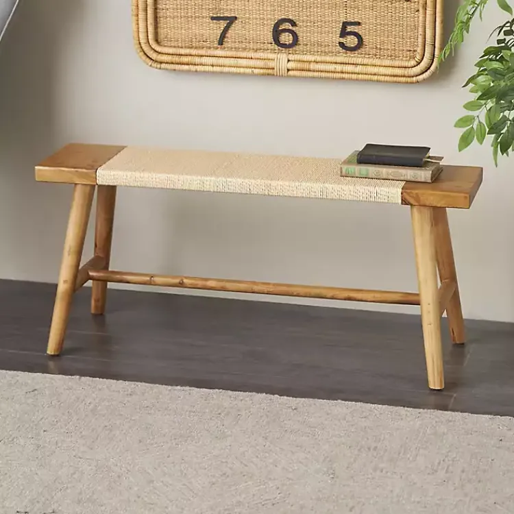 Kirklands Home Benches & Ottomans|Woven Rope Narrow Wood Bench Tan
