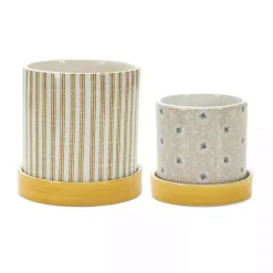 Kirklands Home Planters|Yellow Striped and Bee Decorative Pots, Set of 2
